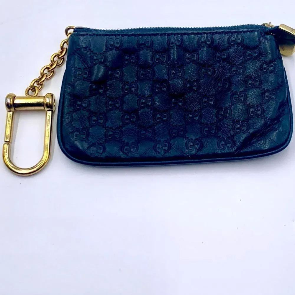Auth GUCCI Navy Guccisima Zip Coin Purse Key Chain Excellent Preloved Pouch